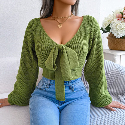 Women’s V-Neck Tie-Front Knit Sweater Top – Lantern Sleeves