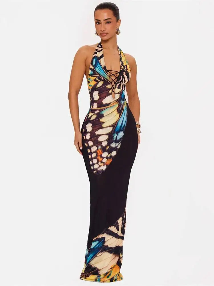 Butterfly Print Halter Maxi Dress