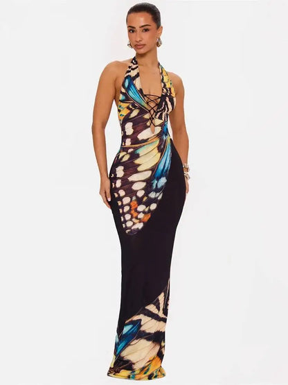 Women’s Butterfly Print Halter Maxi Dress – Backless Lace-Up Design