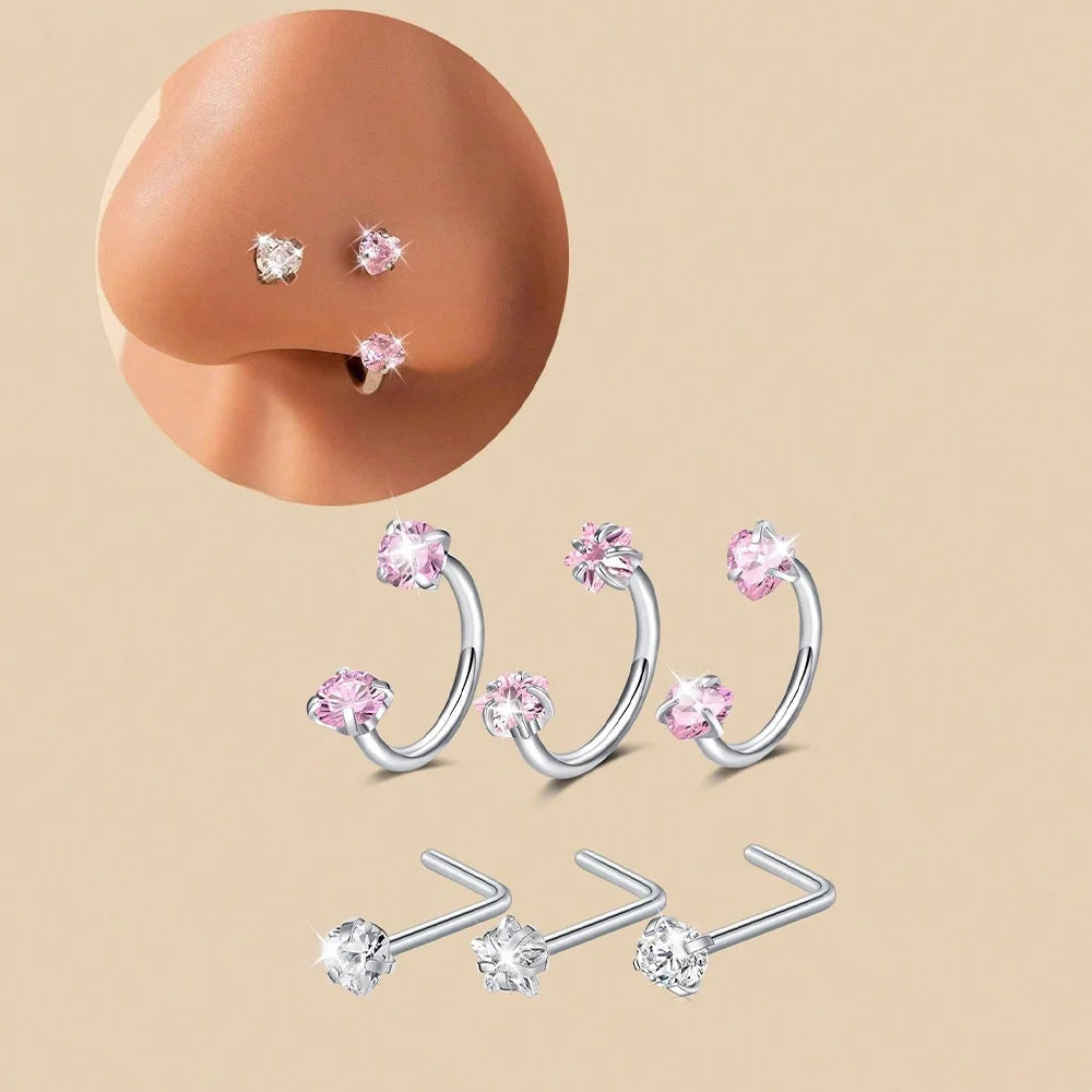 ZUPHAR CZ Nose Rings & Studs Set – Stainless Steel Body Jewelry 18G