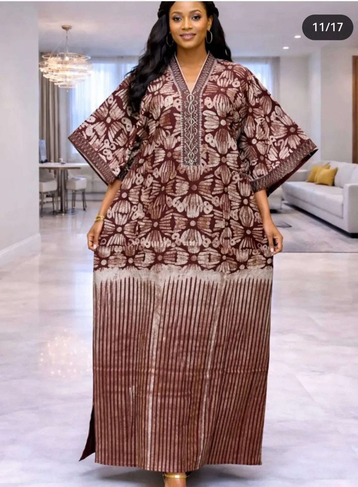 Women’s African Print Kaftan Maxi Dress – Loose V-Neck Gown