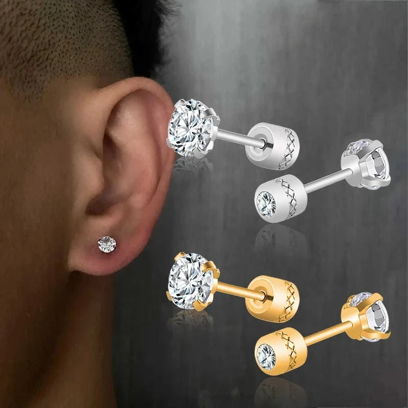 Crystal Zircon Stud Earrings - Stainless Steel Screw Back | Gold & Silver | 2mm-8mm