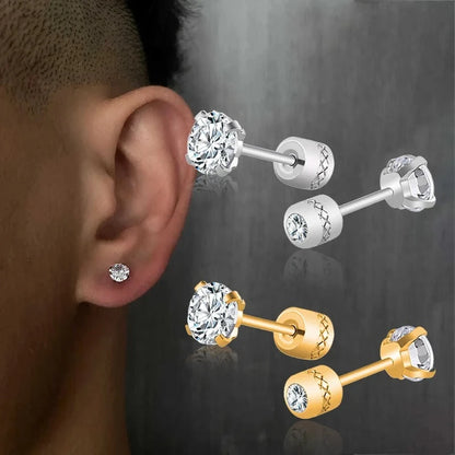 Crystal Zircon Stud Earrings - Stainless Steel Screw Back | Gold & Silver | 2mm-8mm