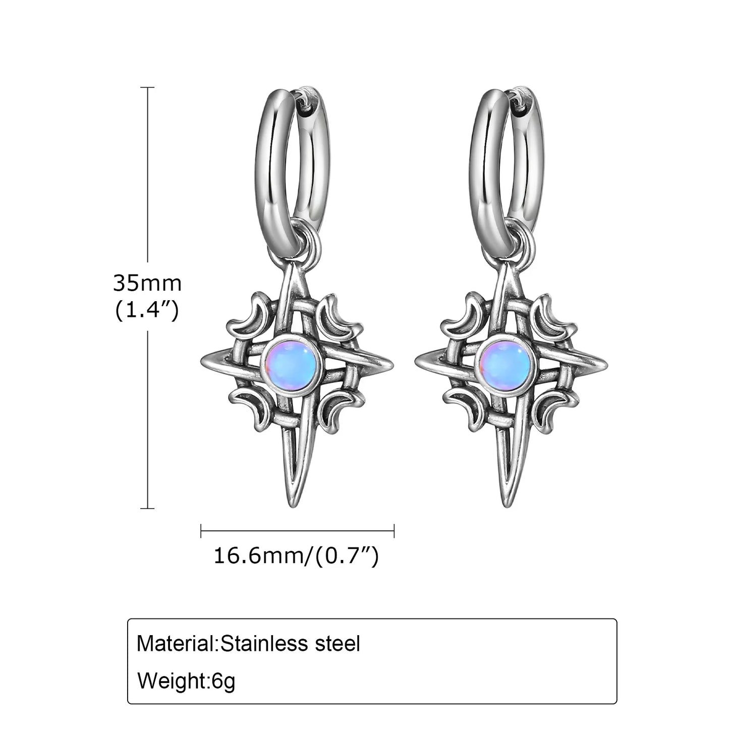 ZUPHAR Moonstone Stainless Steel Hoop Earrings – Waterproof, Hypoallergenic, Men's Hip Hop Jewelry