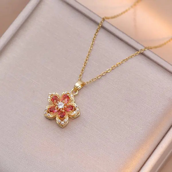 Red Rose Pendant Necklace – Stainless Steel Gold-Tone Floral Jewelry