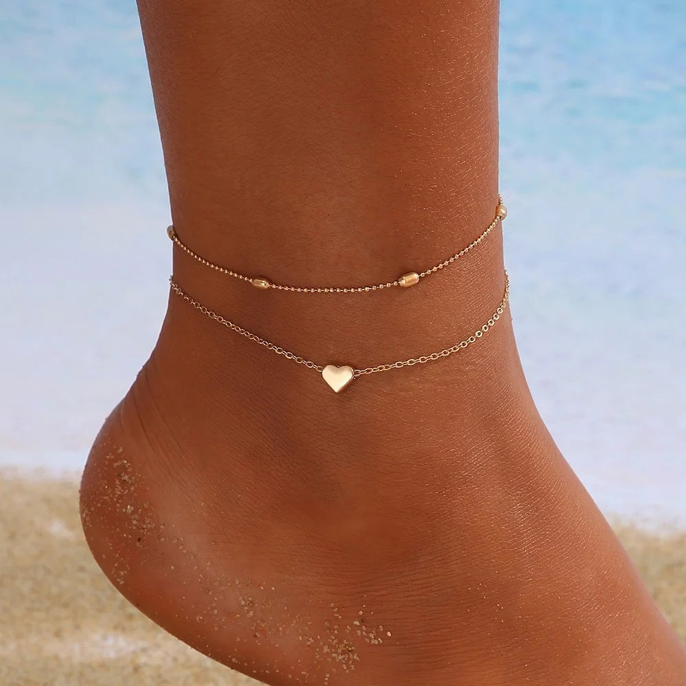 ZUPHAR Sparkling Anklet Set | 3-Piece Zircon Heart & Multilayer Chain