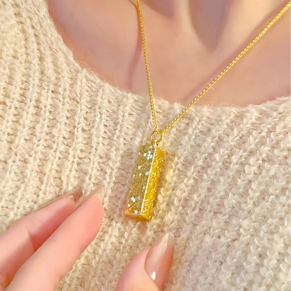 ZUPHAR 24K Pure Gold Bar Pendant Necklace – AU999 Certified Fine Gold, Classic Square Clavicle Chain