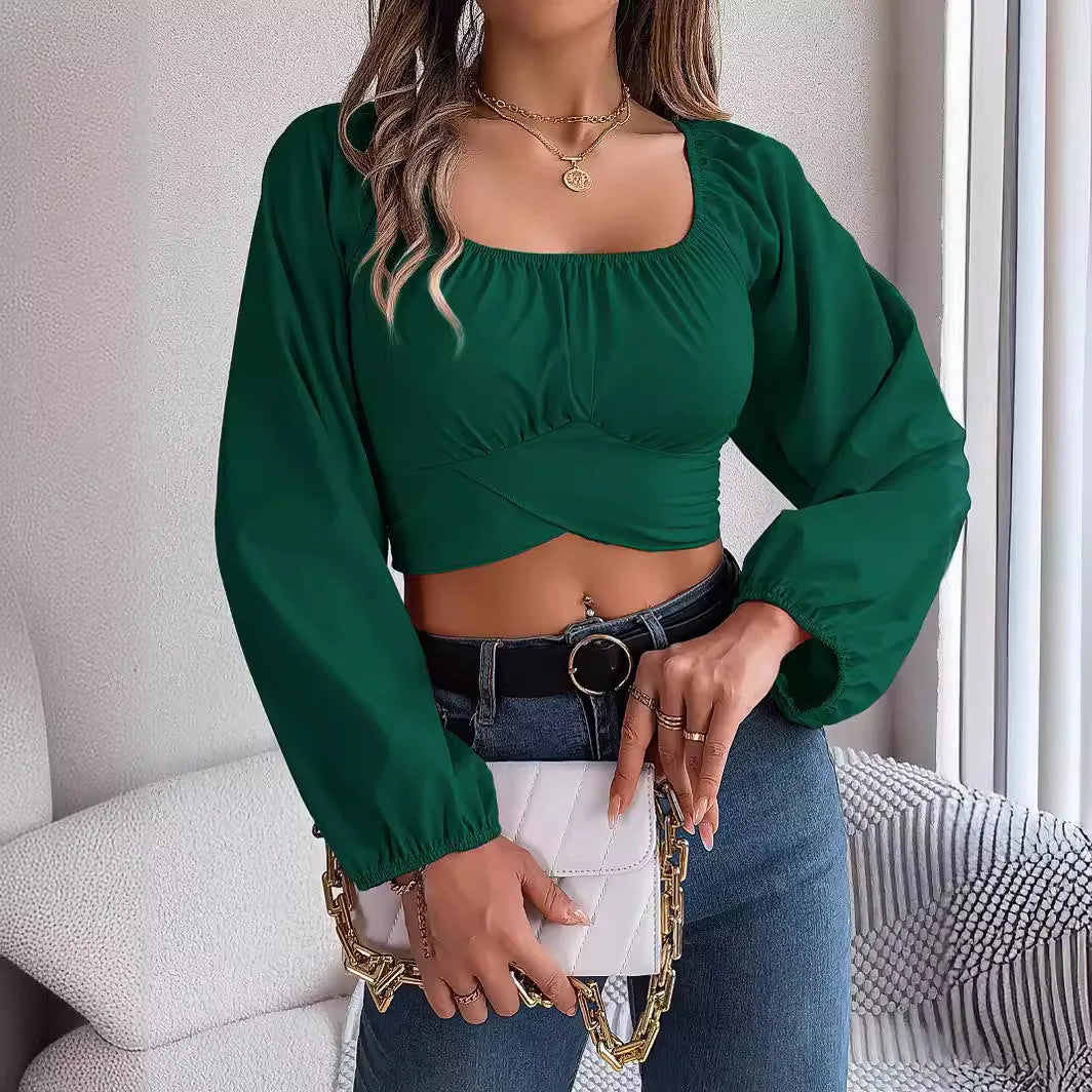 Women’s Square Neck Ruched Long Sleeve Chiffon Crop Top