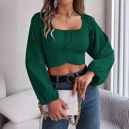 Women’s Square Neck Ruched Long Sleeve Chiffon Crop Top