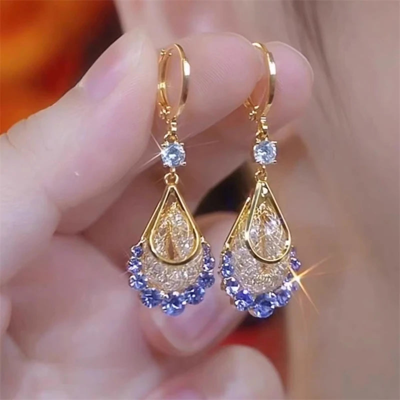 Gold Water Drop Crystal Tassel Drop Earrings for Women - Rhinestone Zircon Dangle | Party & Wedding Jewelry