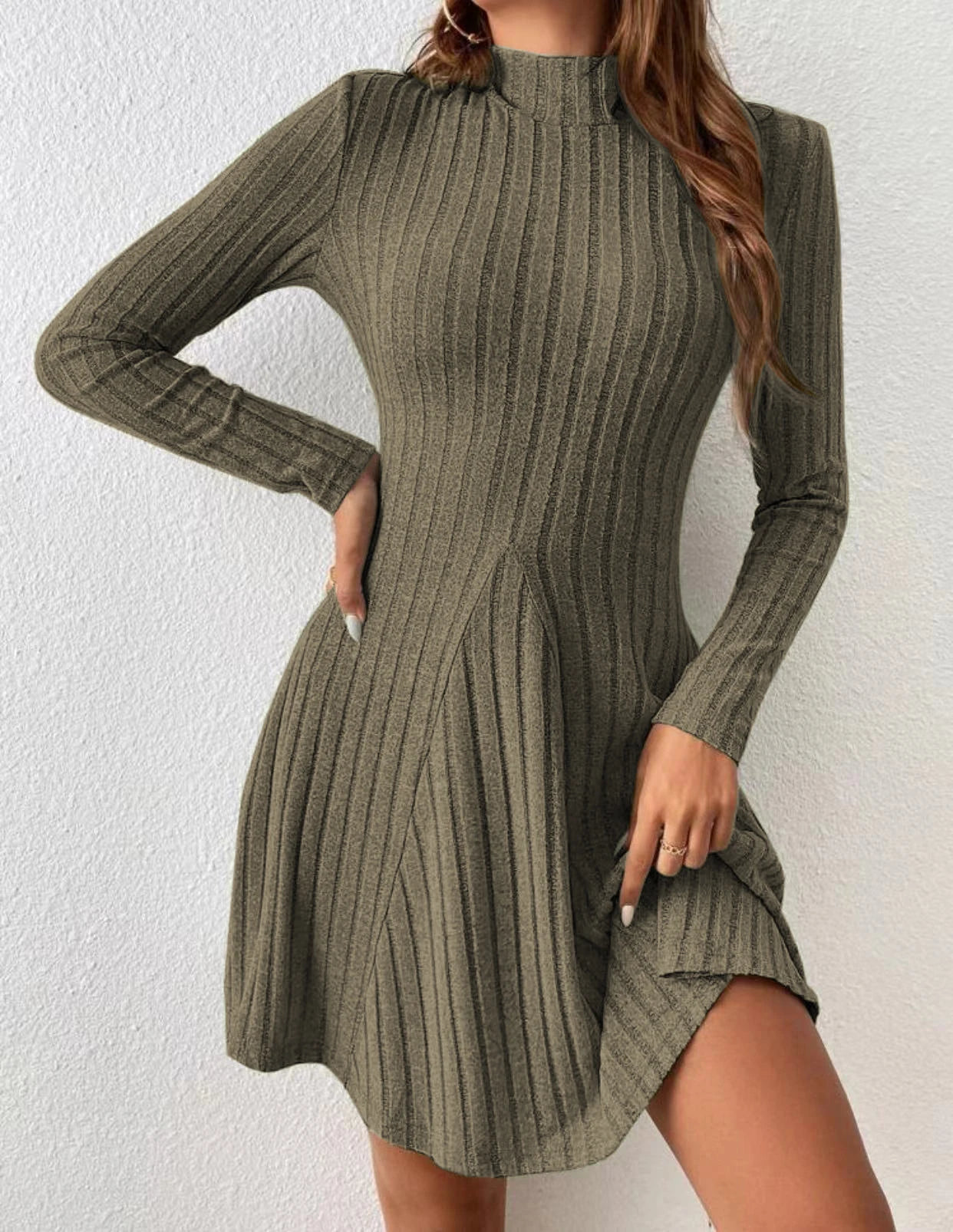 Elegant High-Neck Slim A-Line Mini Dress – Long Sleeve