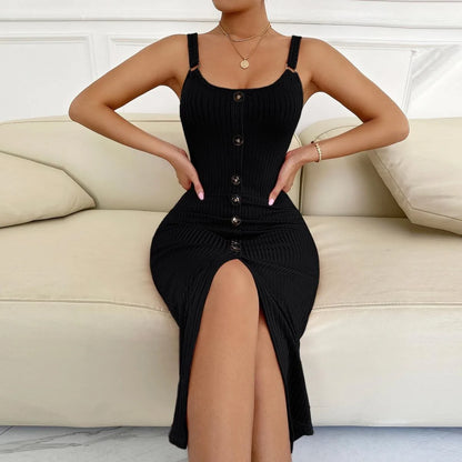 Women’s Ribbed Button-Detail Bodycon Midi Dress with Front Slit