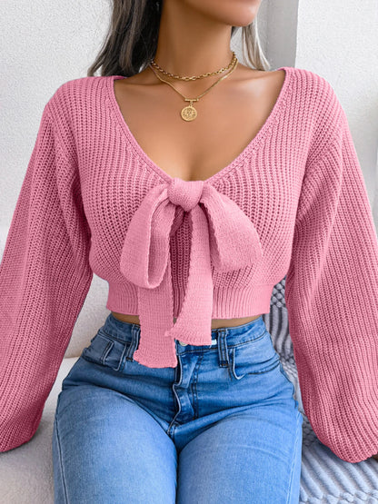 Women’s V-Neck Tie-Front Knit Sweater Top – Lantern Sleeves