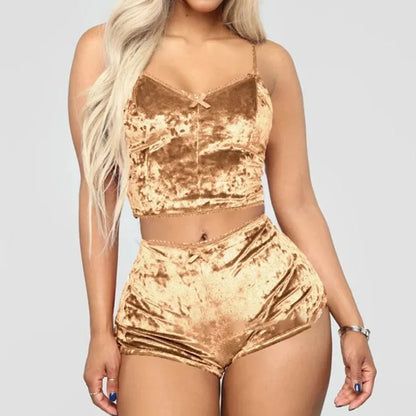 Women’s Velvet Cami & Shorts Pajama Set – 2-Piece V-Neck Sleepwear