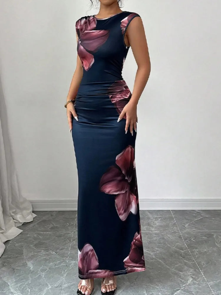 Close-up of women’s floral print round-neck maxi dress