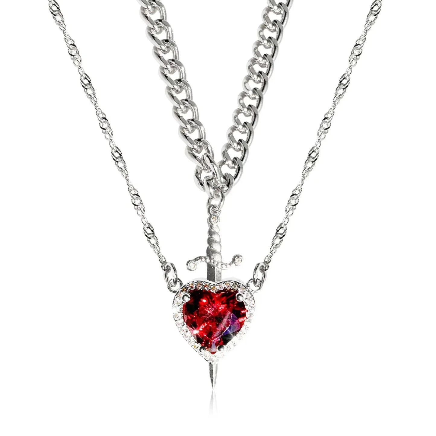 Heart & Sword Couple Necklace — Zirconia Pendant | Romantic Valentine's Gift