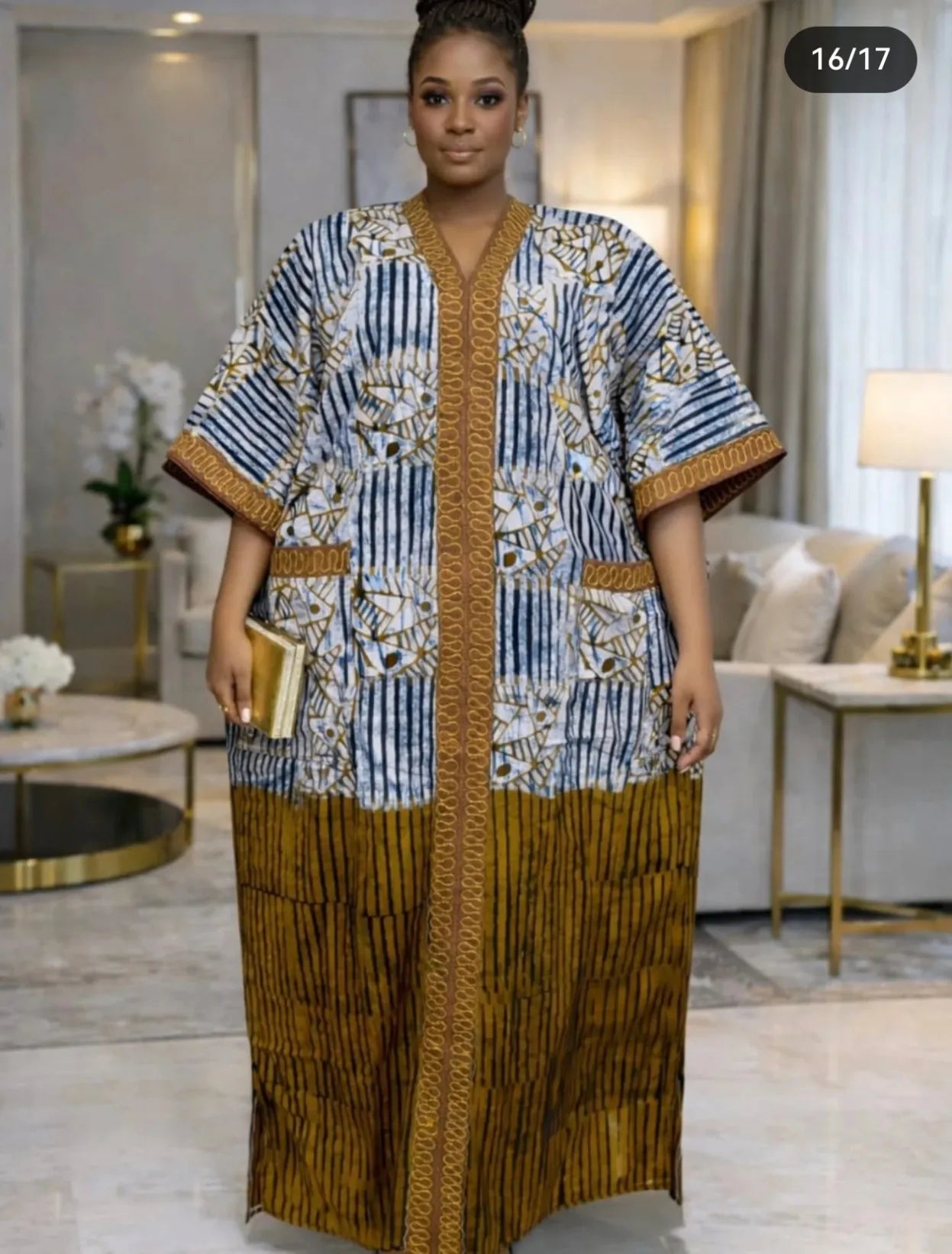 Women’s African Print Kaftan Maxi Dress – Loose V-Neck Gown
