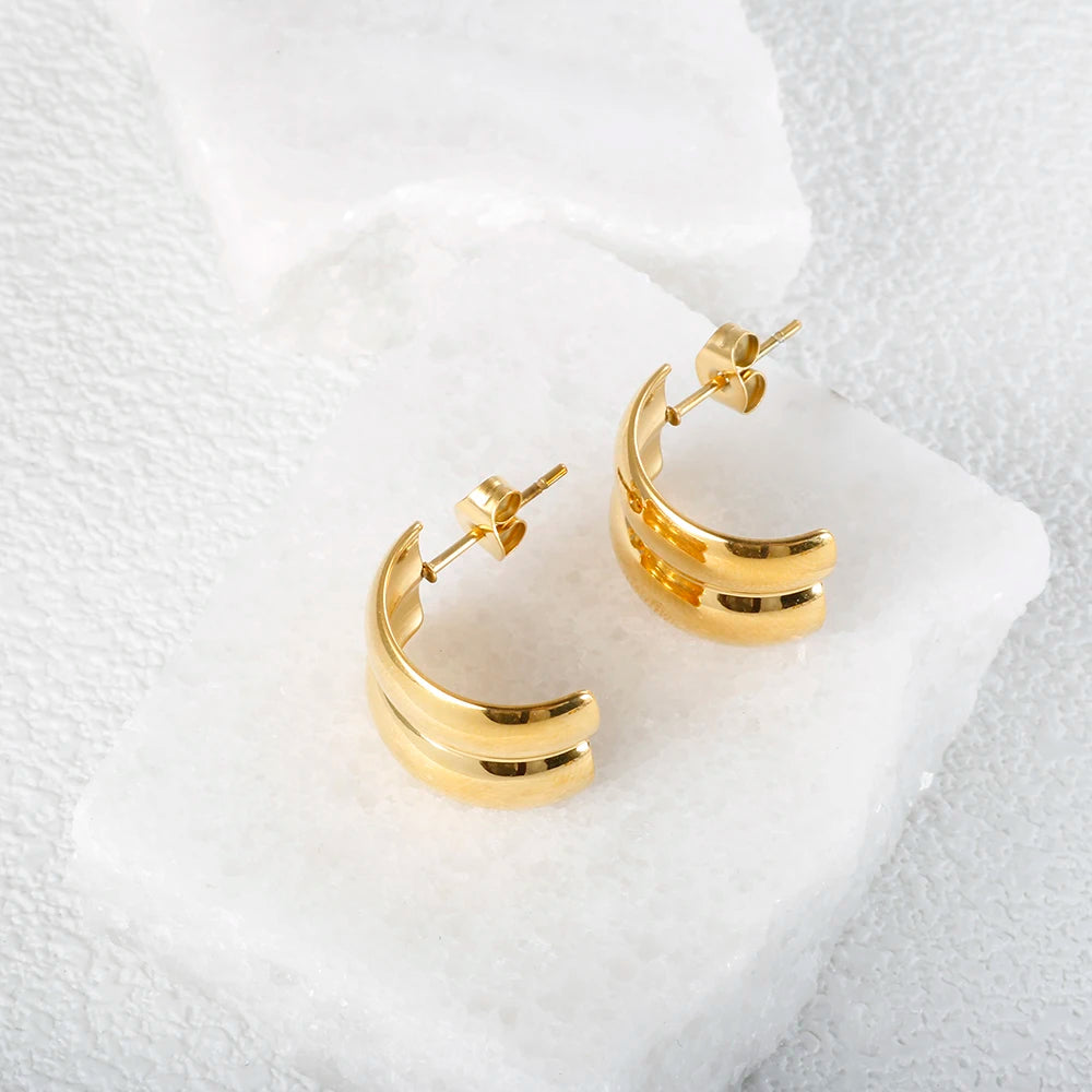 C-Shaped Double Layer Stud Earrings — 18K Gold Plated Stainless Steel | Korean Style