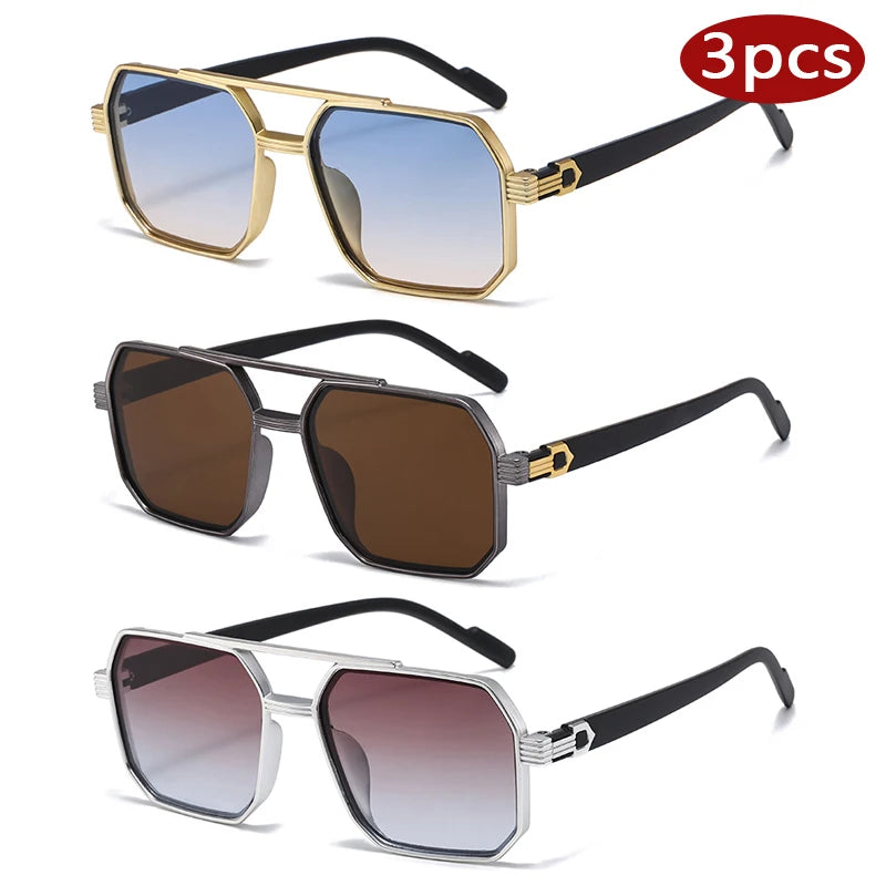 ZUPHAR 3-Pack Retro Square Sunglasses — Double Beam Metal Frame, Gradient Lenses, Anti-UV