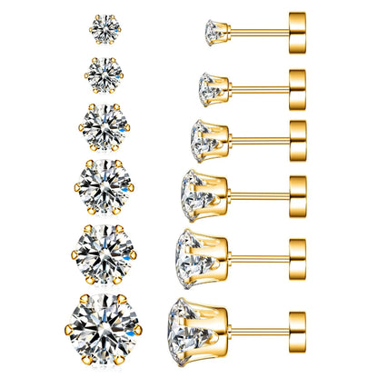 ZUPHAR CZ Stud Earrings – Hypoallergenic Stainless Steel 6-Prong Screw Back (3–8mm)