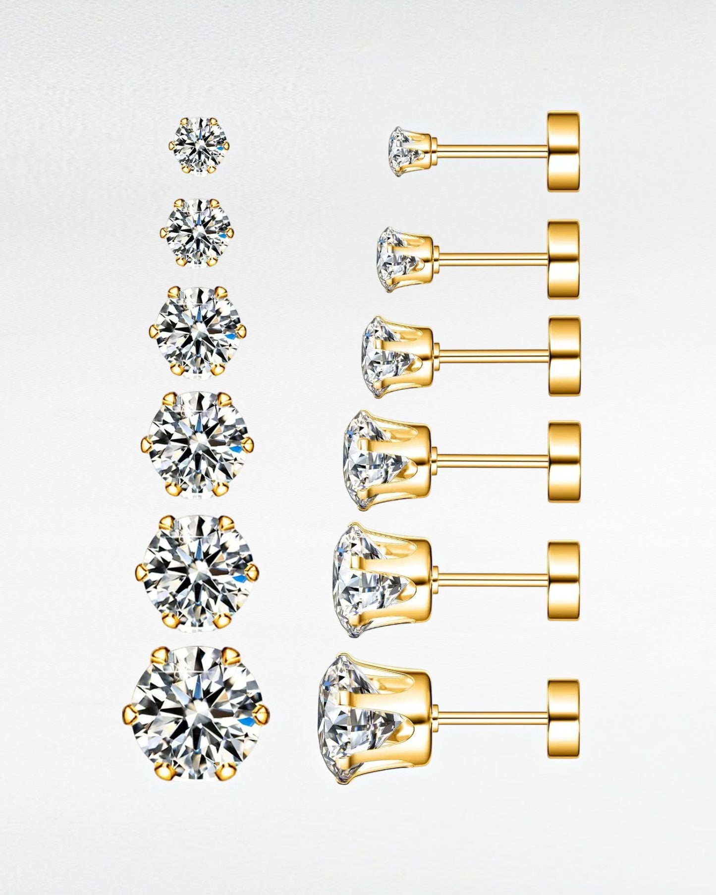 ZUPHAR CZ Stud Earrings – Hypoallergenic Stainless Steel 6-Prong Screw Back (3–8mm)
