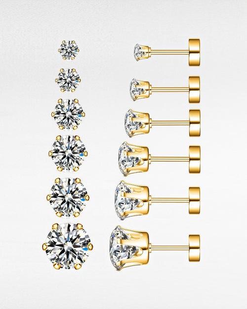 ZUPHAR CZ Stud Earrings – Hypoallergenic Stainless Steel 6-Prong Screw Back (3–8mm)