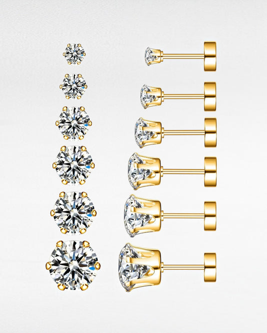 ZUPHAR CZ Stud Earrings – Hypoallergenic Stainless Steel 6-Prong Screw Back (3–8mm)
