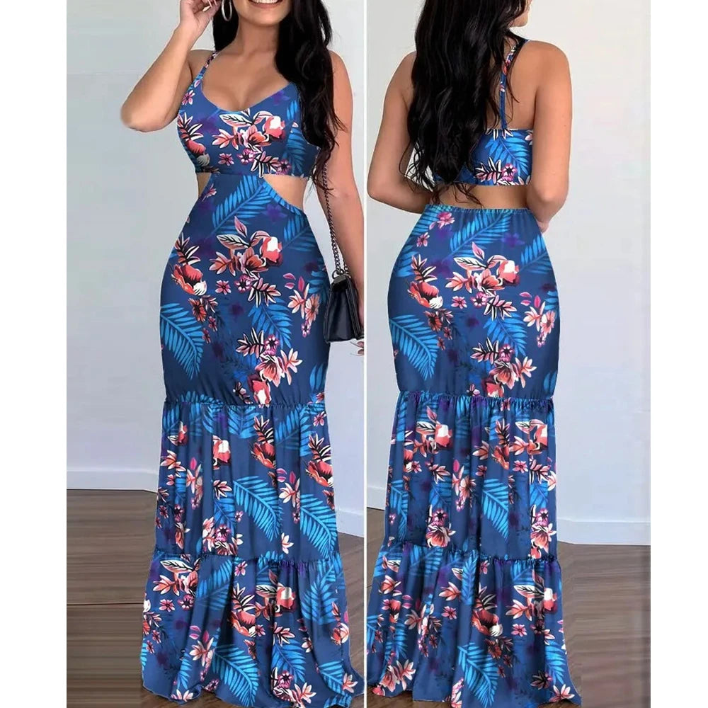 Women’s Tropical Floral Cutout Maxi Dress – V-Neck Sleeveless Tiered Summer Dress