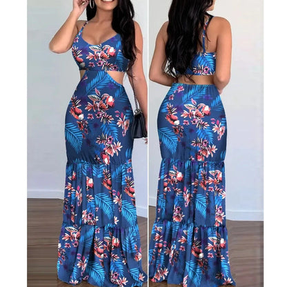 Women’s Tropical Floral Cutout Maxi Dress – V-Neck Sleeveless Tiered Summer Dress