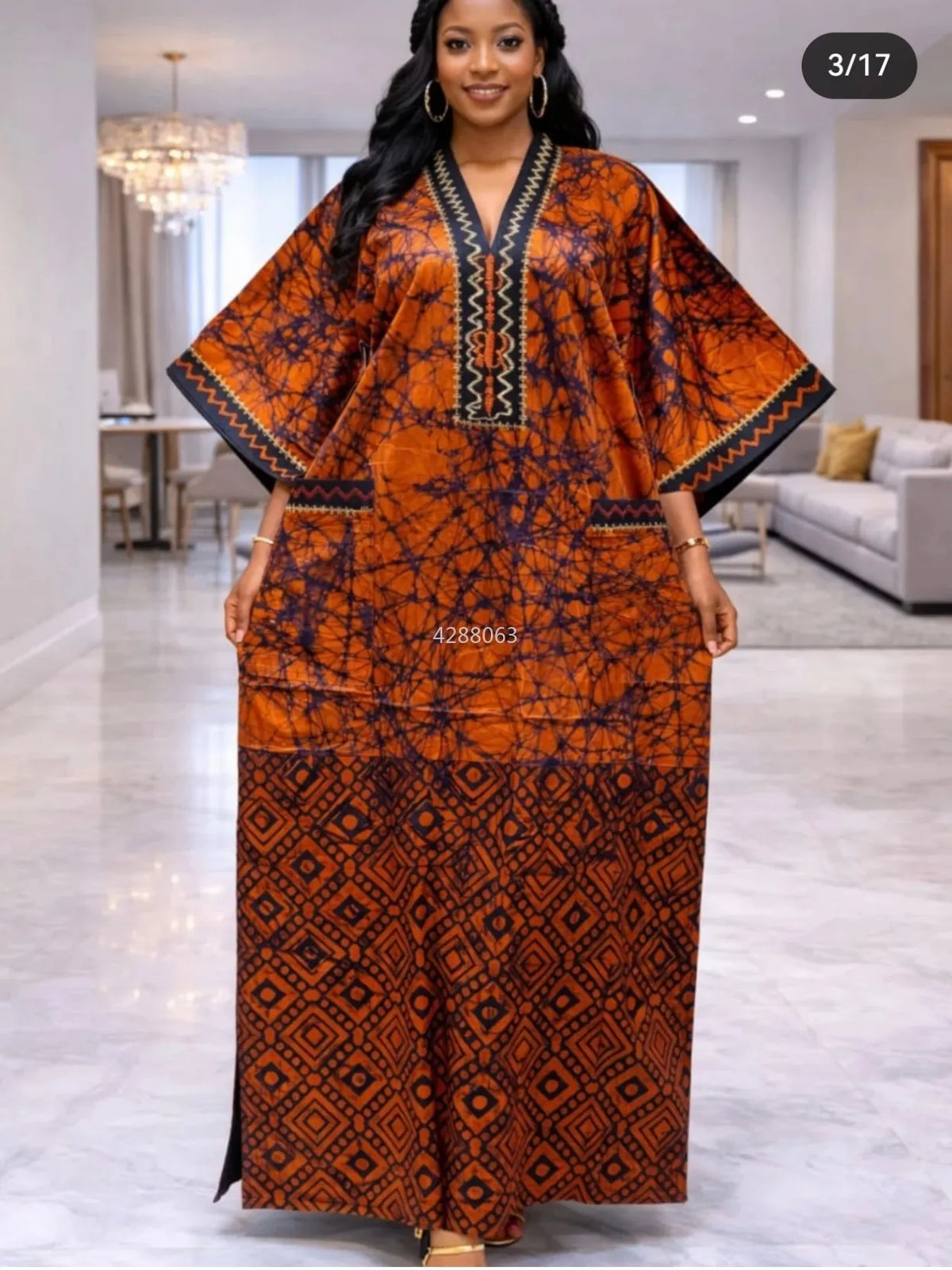 Women’s African Print Kaftan Maxi Dress – Loose V-Neck Gown