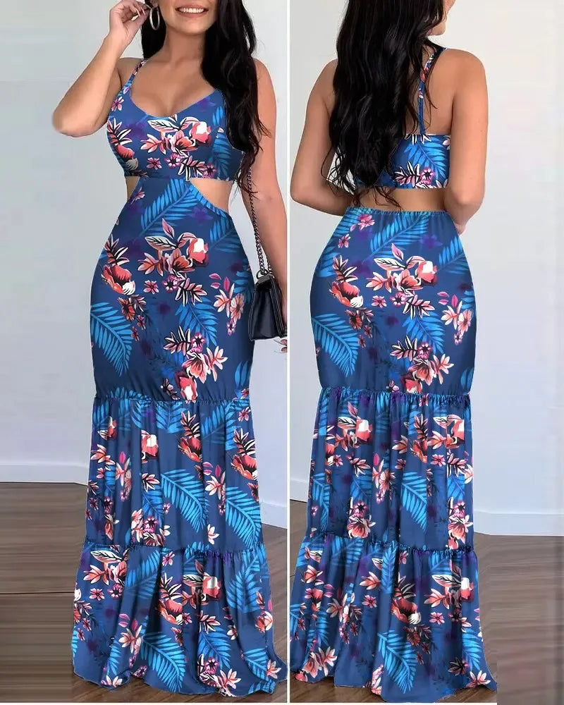 Women's Tropical Leaf Print Cutout Maxi Dress – V-Neck Spaghetti Strap Summer Dress