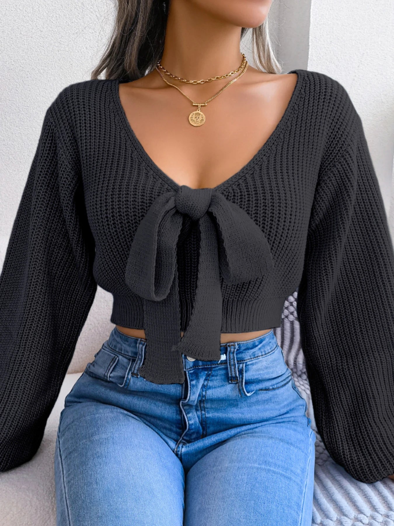 Women’s V-Neck Tie-Front Knit Sweater Top – Lantern Sleeves