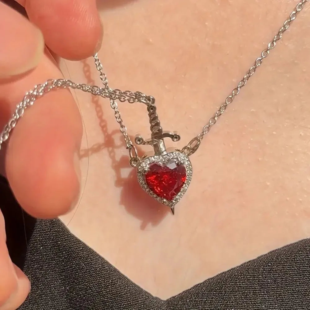 Heart & Sword Couple Necklace — Zirconia Pendant | Romantic Valentine's Gift