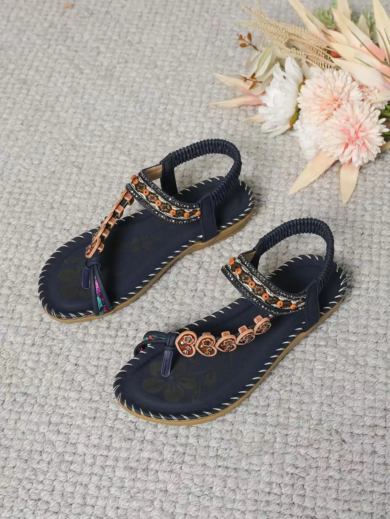 Women's Bohemian Flat Sandals – Beaded Open Toe Summer Shoes