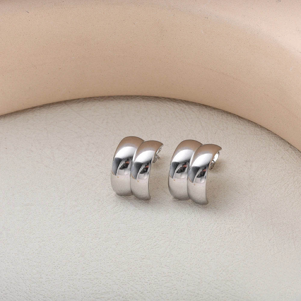 C-Shaped Double Layer Stud Earrings — 18K Gold Plated Stainless Steel | Korean Style
