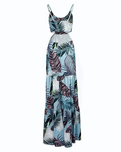 Women’s Tropical Floral Cutout Maxi Dress – V-Neck Sleeveless Tiered Summer Dress