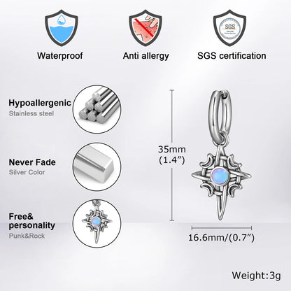 ZUPHAR Moonstone Stainless Steel Hoop Earrings – Waterproof, Hypoallergenic, Men's Hip Hop Jewelry