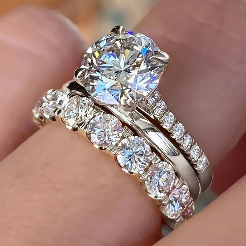 ZUPHAR Sparkling CZ Bridal Ring Set – 3-Piece Gold-Tone Wedding Style Rings for Women