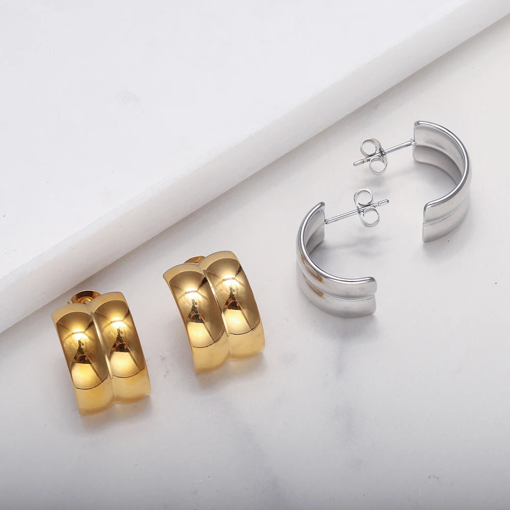 C-Shaped Double Layer Stud Earrings — 18K Gold Plated Stainless Steel | Korean Style