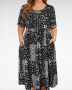 Robe midi grande taille à imprimé floral patchwork, col rond décontracté, manches courtes, coupe évasée avec poches