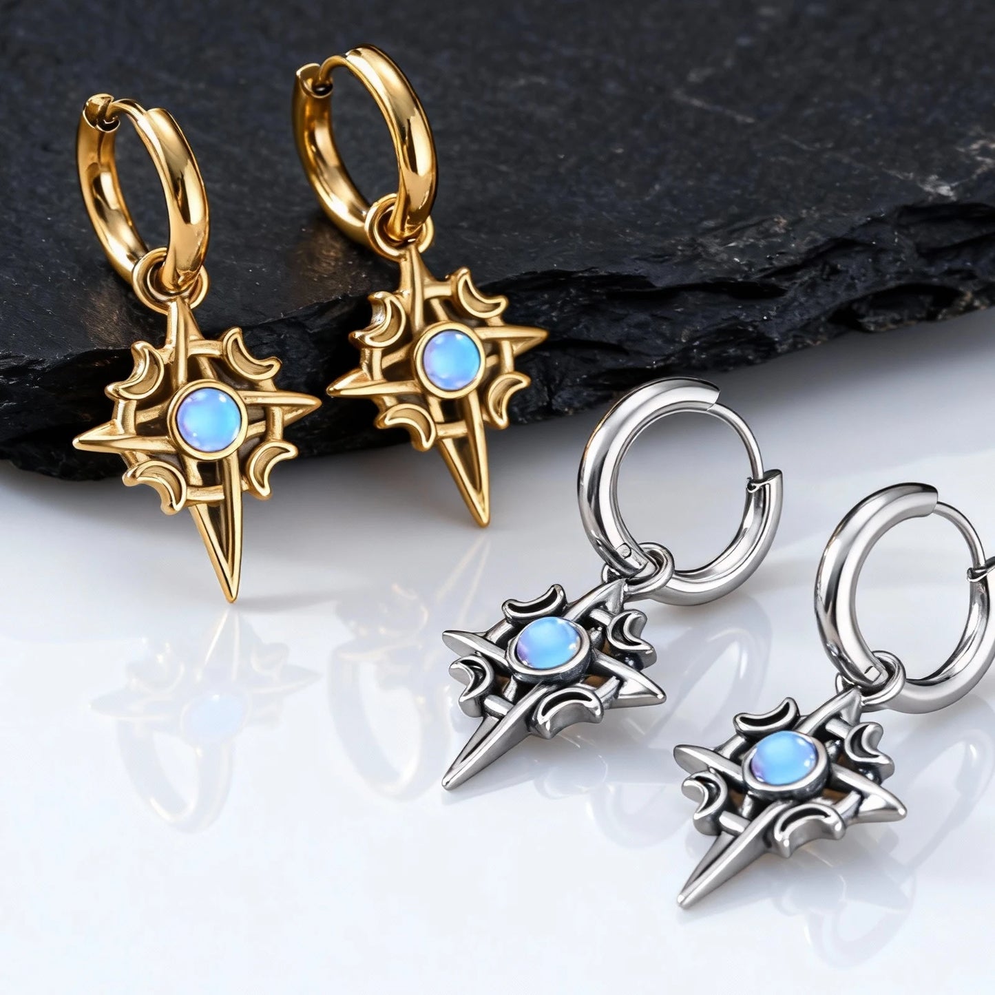 ZUPHAR Moonstone Stainless Steel Hoop Earrings – Waterproof, Hypoallergenic, Men's Hip Hop Jewelry