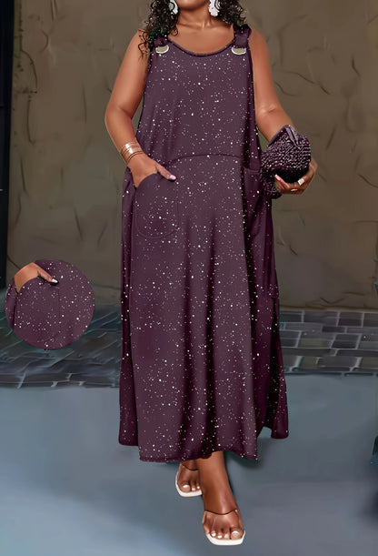 Women’s Plus Size Black Speckled Maxi Dress – Sleeveless Loose Fit Stretch Dress