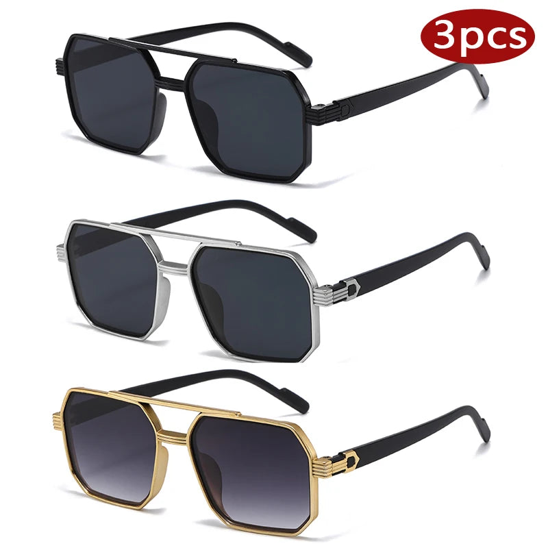 ZUPHAR 3-Pack Retro Square Sunglasses — Double Beam Metal Frame, Gradient Lenses, Anti-UV