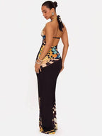 Butterfly Print Halter Maxi Dress