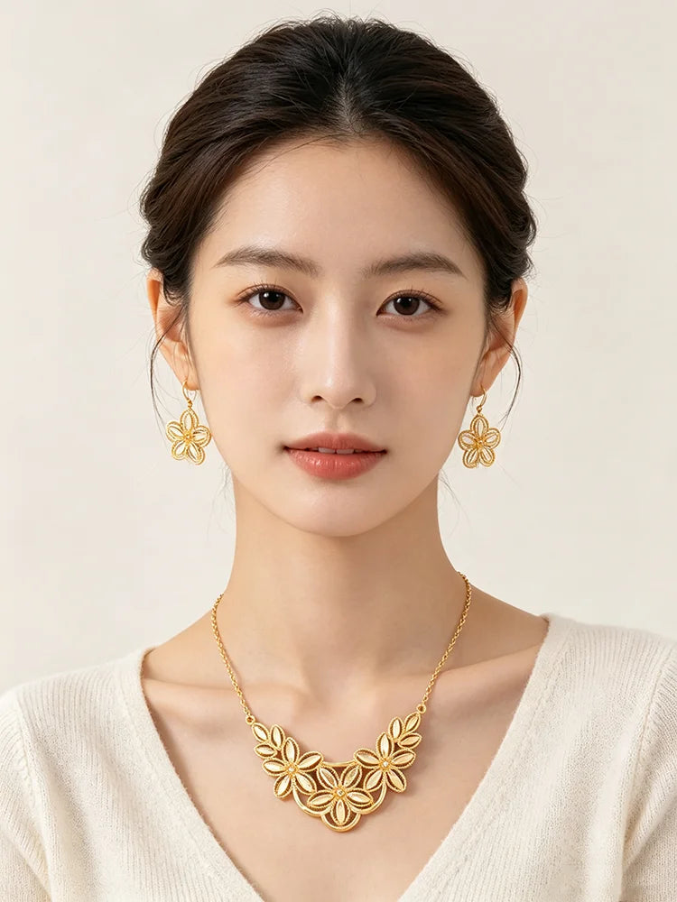 Gold-Plated Floral Necklace & Earrings Set for Women
