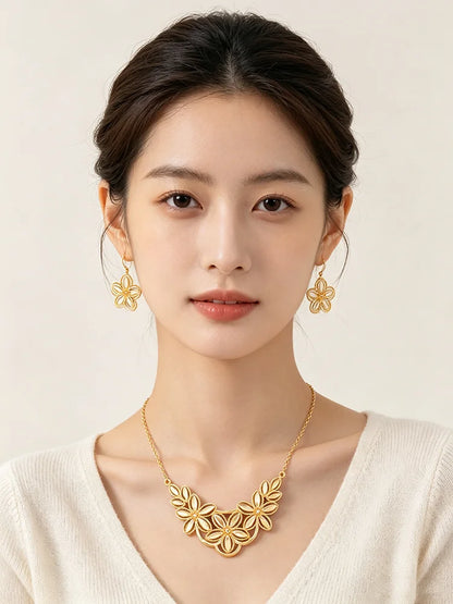 Gold-Plated Floral Necklace & Earrings Set for Women
