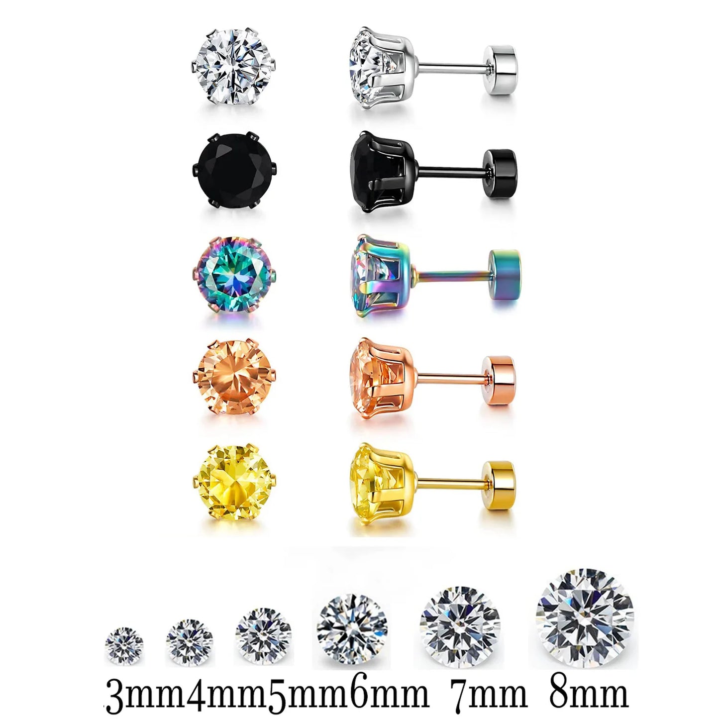 ZUPHAR CZ Stud Earrings – Hypoallergenic Stainless Steel 6-Prong Screw Back (3–8mm)