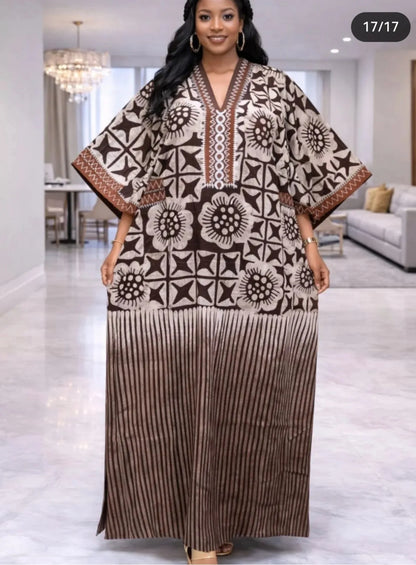 Women’s African Print Kaftan Maxi Dress – Loose V-Neck Gown