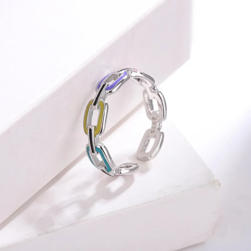Multicolor Link Adjustable Ring in 925 Sterling Silver