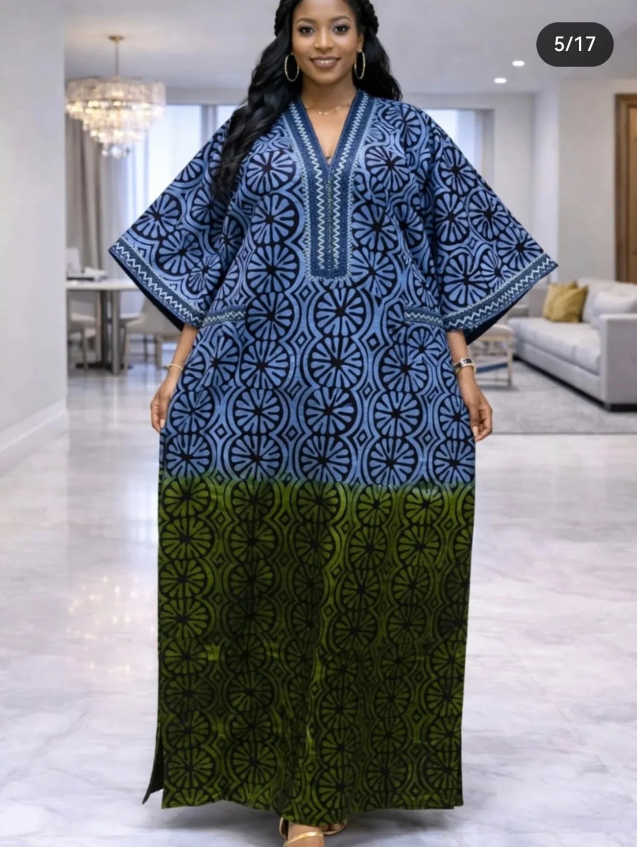 Women’s African Print Kaftan Maxi Dress – Loose V-Neck Gown